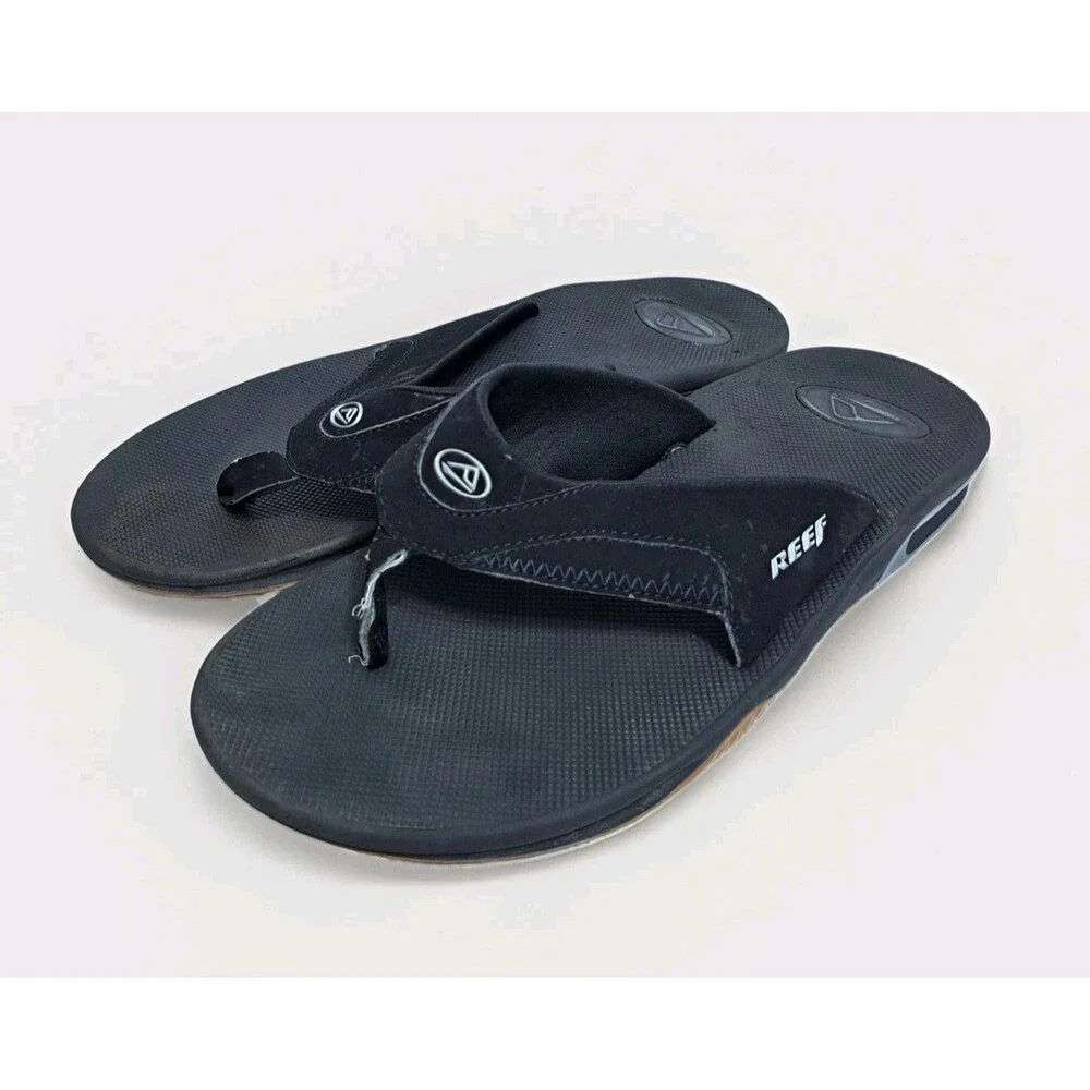 Reef Fanning Flip Flops Men's 11-12 Leather Sandals Black Bottle Opener Beach